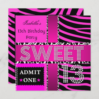 Sweet 13 13th Birthday Zebra Cow Hot Pink Black Invitation