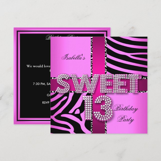 Sweet 13 13th Birthday Zebra Cow Pink Black Invitation (Front/Back)