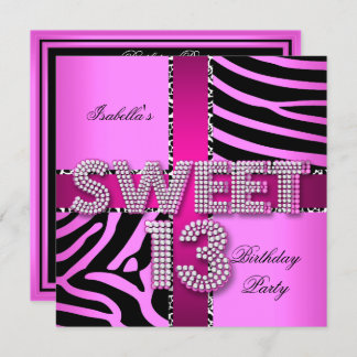 Sweet 13 13th Birthday Zebra Cow Pink Black Invitation