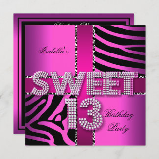 Sweet 13 13th Birthday Zebra Cow Pink Black Invitation