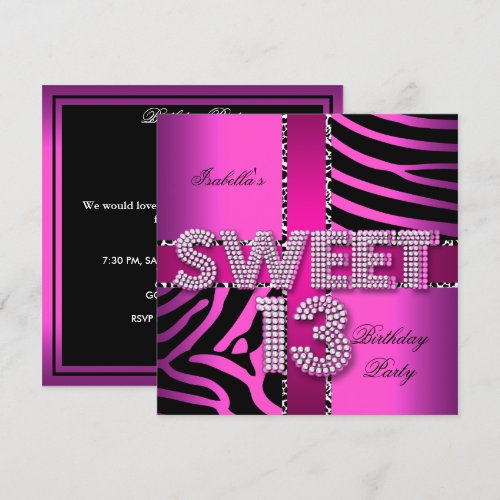 Sweet 13 13th Birthday Zebra Cow Pink Black Personalized Invitations
