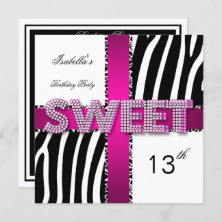 Sweet 13 13th Birthday Zebra Cow Pink Black White Invitation
