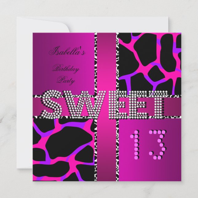 Sweet 13 13th Birthday Zebra Cow Pink Purple Invitation (Front)