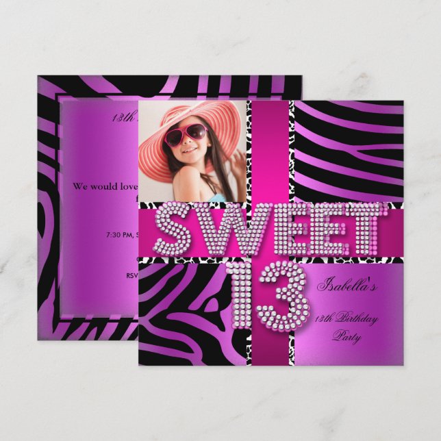 Sweet 13 13th Birthday Zebra Cow Pink Purple Invitation (Front/Back)
