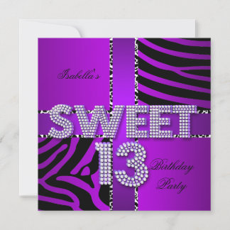 Sweet 13 13th Birthday Zebra Cow Purple Black Invitation