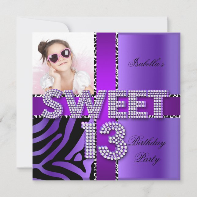 Sweet 13 13th Birthday Zebra Cow Purple Black Invitation (Front)