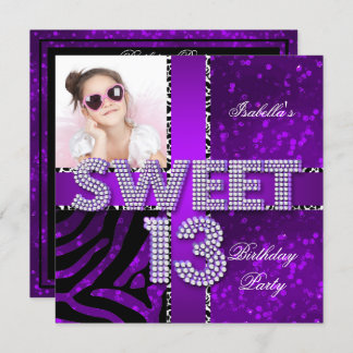 Sweet 13 13th Birthday Zebra Glitter Purple Black Invitation