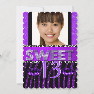 Sweet 13 13th Birthday Zebra Glitter Purple Lips Invitation