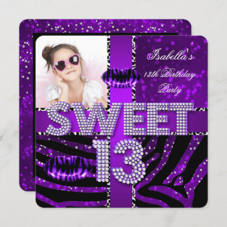 Sweet 13 13th Birthday Zebra Glitter Purple Lips Invitation