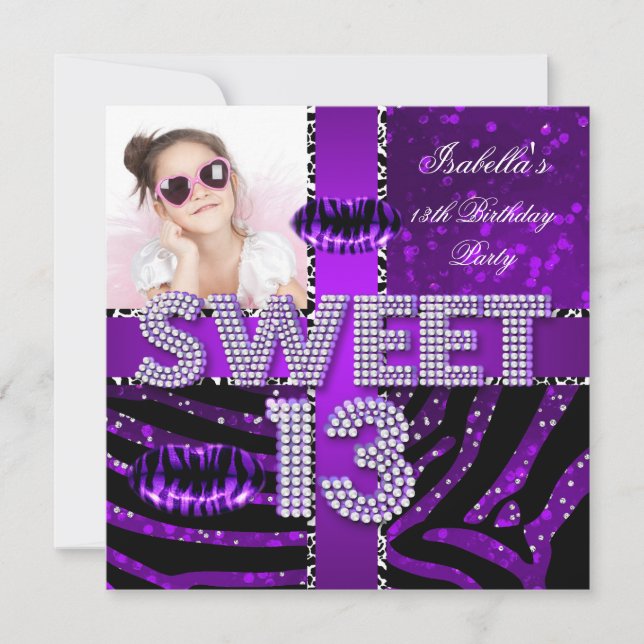 Sweet 13 13th Birthday Zebra Glitter Purple Lips Invitation (Front)