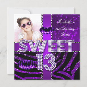 Sweet 13 13th Birthday Zebra Glitter Purple Lips Invitation