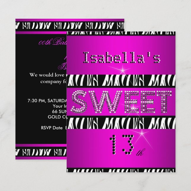 Sweet 13 13th Birthday Zebra Hot Pink Black Invitation (Front/Back)