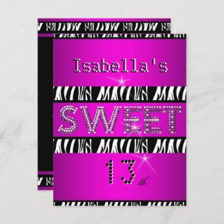 Sweet 13 13th Birthday Zebra Hot Pink Black Invitation