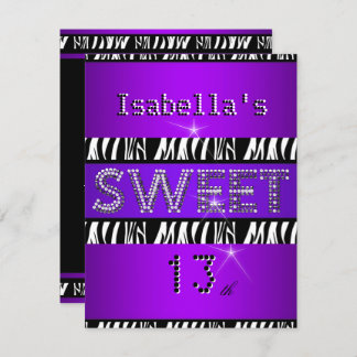 Sweet 13 13th Birthday Zebra Purple Black Invitation