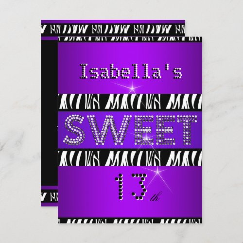 Sweet 13 13th Birthday Zebra Purple Black Invitation