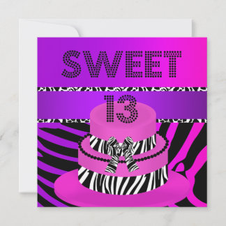 Sweet 13 13th Birthday Zebra Purple Pink Cake Invitation