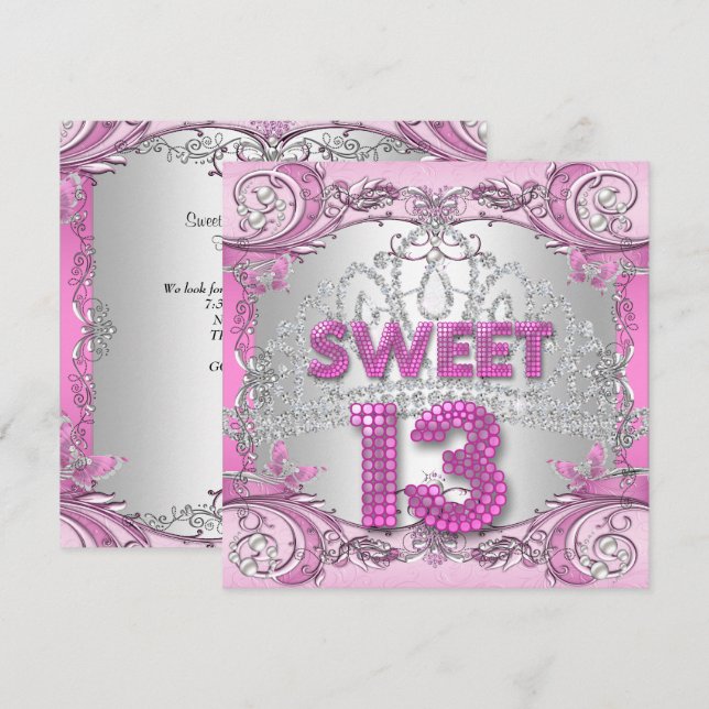 Sweet 13 13th Pink Silver Tiara Birthday Party 2 Invitation (Front/Back)