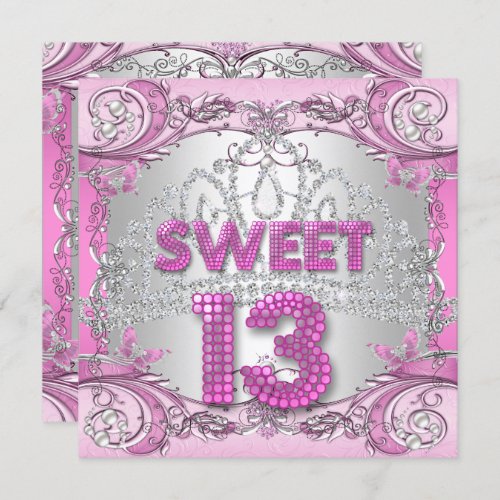 Sweet 13 13th Pink Silver Tiara Birthday Party 2 Invitation