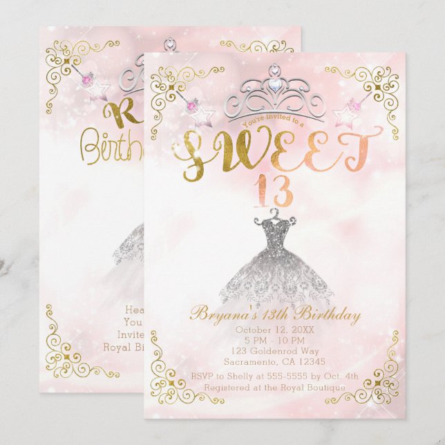 SWEET 13 13th Princess Pink Sparkle Birthday Party Invitation (Front/Back)
