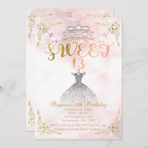 SWEET 13 13th Princess Pink Sparkle Birthday Party Invitation