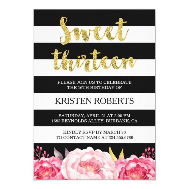 Sweet 13 Birthday Floral Gold Black White Stripes Card