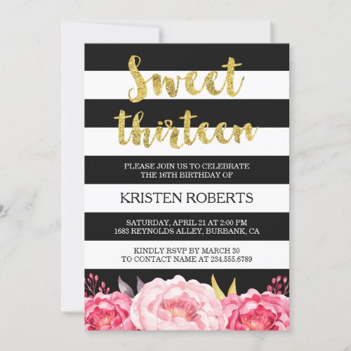 Sweet 13 Birthday Floral Gold Black White Stripes Card