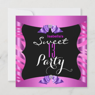 Sweet 13 Cute Purple Pink Zebra Black Birthday Invitation