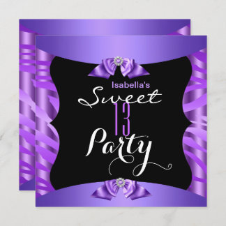 Sweet 13 Cute Purple Zebra Black Birthday Party 4 Invitation