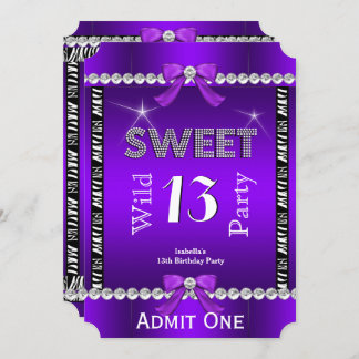 Sweet 13 Fun Party Zebra Purple Ticket 3 Invitation