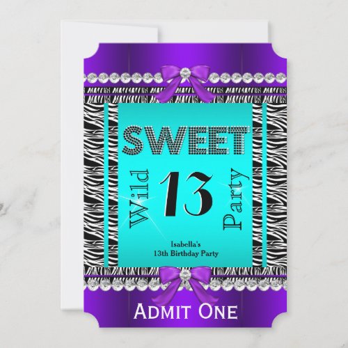 Sweet 13 Fun Party Zebra Teal Blue Purple Ticket 2 Invitation
