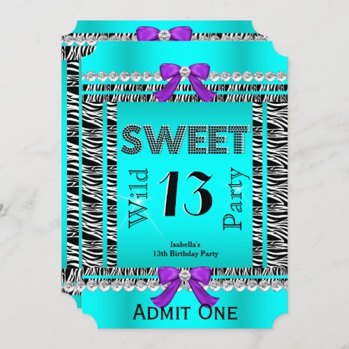 Sweet 13 Fun Party Zebra Teal Blue Purple Ticket Invitation