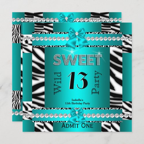 Sweet 13 Fun Party Zebra Teal Blue Ticket 3S Invitation