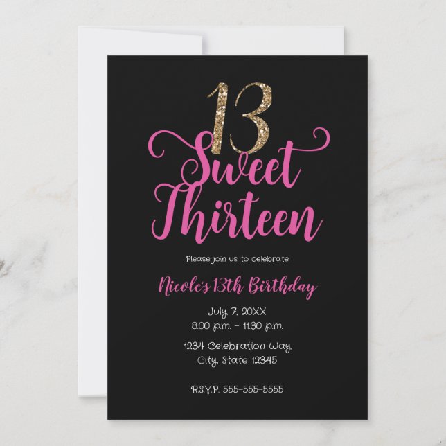 Sweet 13 Pink Black Gold Thirteenth Birthday Party Invitation (Front)