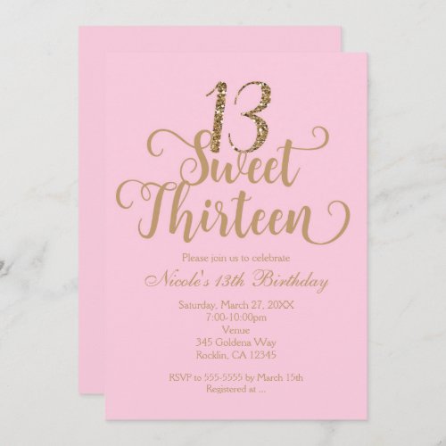 Sweet 13 Pink  Gold Birthday Party Invitations