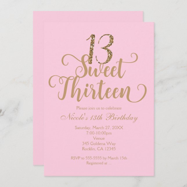 Sweet 13 Pink & Gold Birthday Party Invitations (Front/Back)