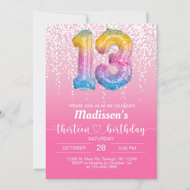 Sweet 13 thirteen hot pink girl birthday invite. invitation (Front)