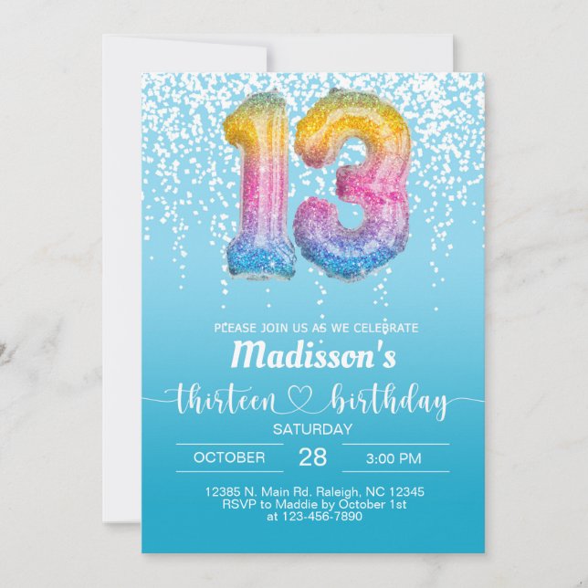 Sweet 13 thirteen turquoise girl birthday invite. invitation (Front)