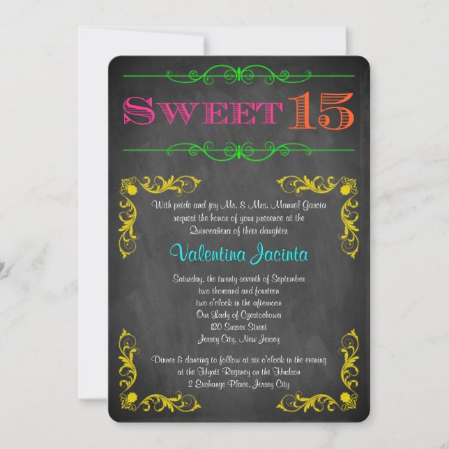 Sweet 15 Birthday Invitation | Neon Chalkboard (Front)