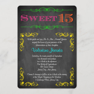 Sweet 15 Birthday Invitation Neon Chalkboard