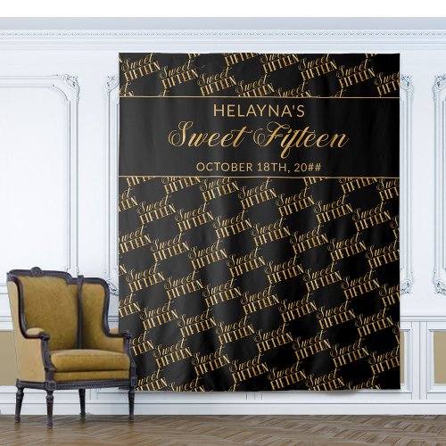 Sweet 15 Black and Gold Birthday Party Backdrop