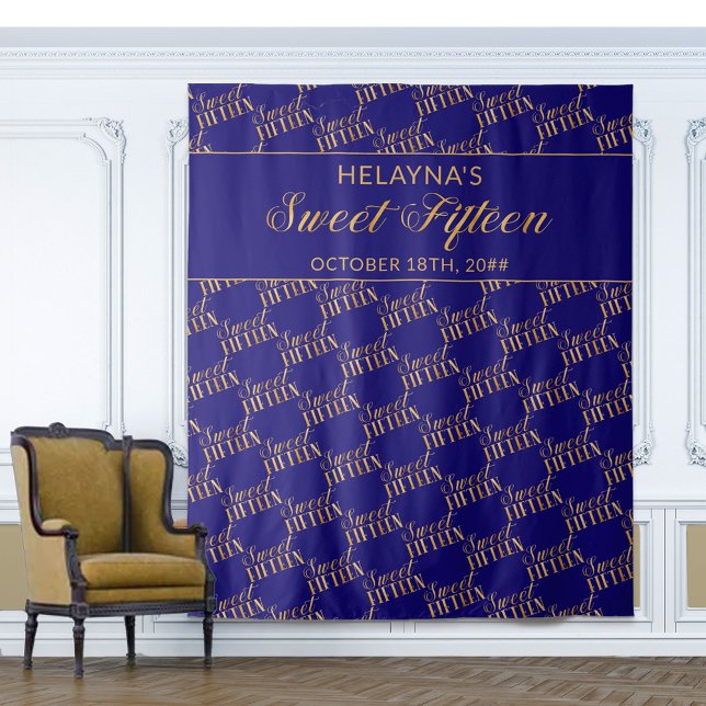 Sweet 15 Blue and Gold Birthday Party Backdrop (Creator Uploaded)