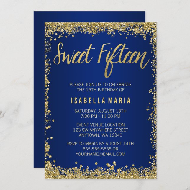 Sweet 15 Blue Gold Glitter Quinceanera Birthday Invitation (Front/Back)