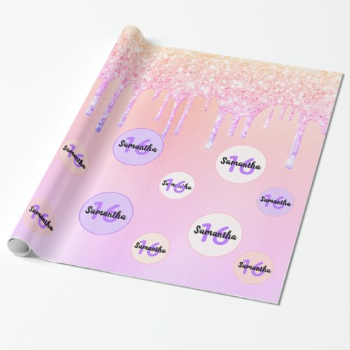 Sweet 15 blush pink glitter drips rose gold wrapping paper