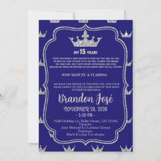 Sweet 15 boy birthday invitation, blue & silver. invitation