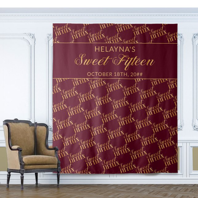 Sweet 15 Burgundy and Gold Birthday Party Backdrop (Creator Uploaded)