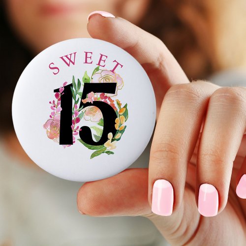 Sweet 15 Floral Number 15th Birthday Button
