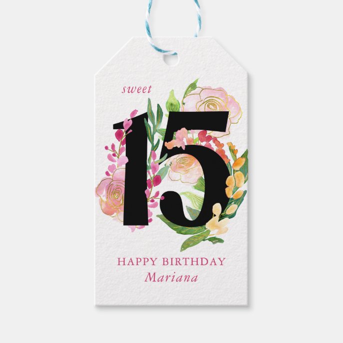 Sweet 15 Floral Number 15th Birthday Gift Tags