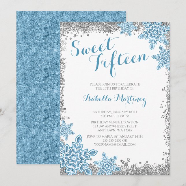 Sweet 15 Glam Winter Wonderland Silver Blue Invite (Front/Back)