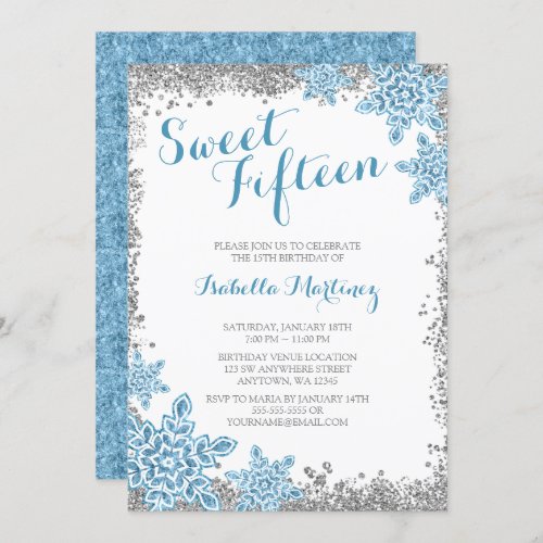 Sweet 15 Glam Winter Wonderland Silver Blue Invite