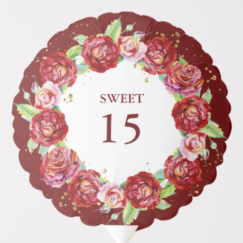 Sweet 15 Gold Glitter Red Floral Wreath Birthday Balloon